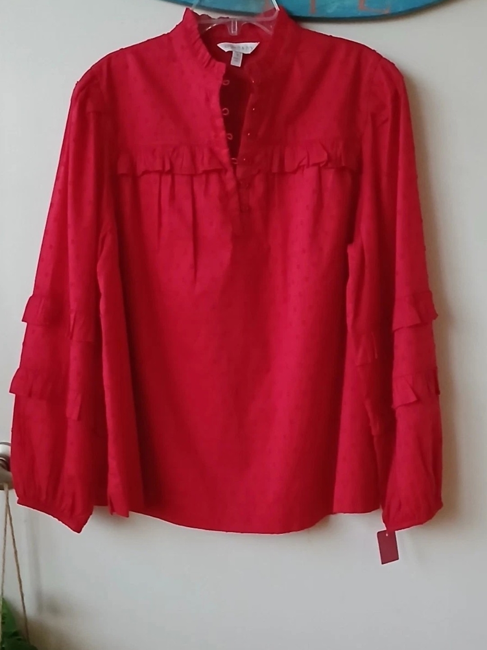 Crown & Ivy Red Ruffle-Front Top Button Blouse With Ruffle Neck And Sleeves - Picture 12 of 16